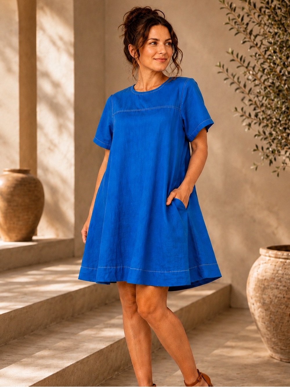 Linen Mini Shift Dress Cerulean Blue Size Medium LJC Designs